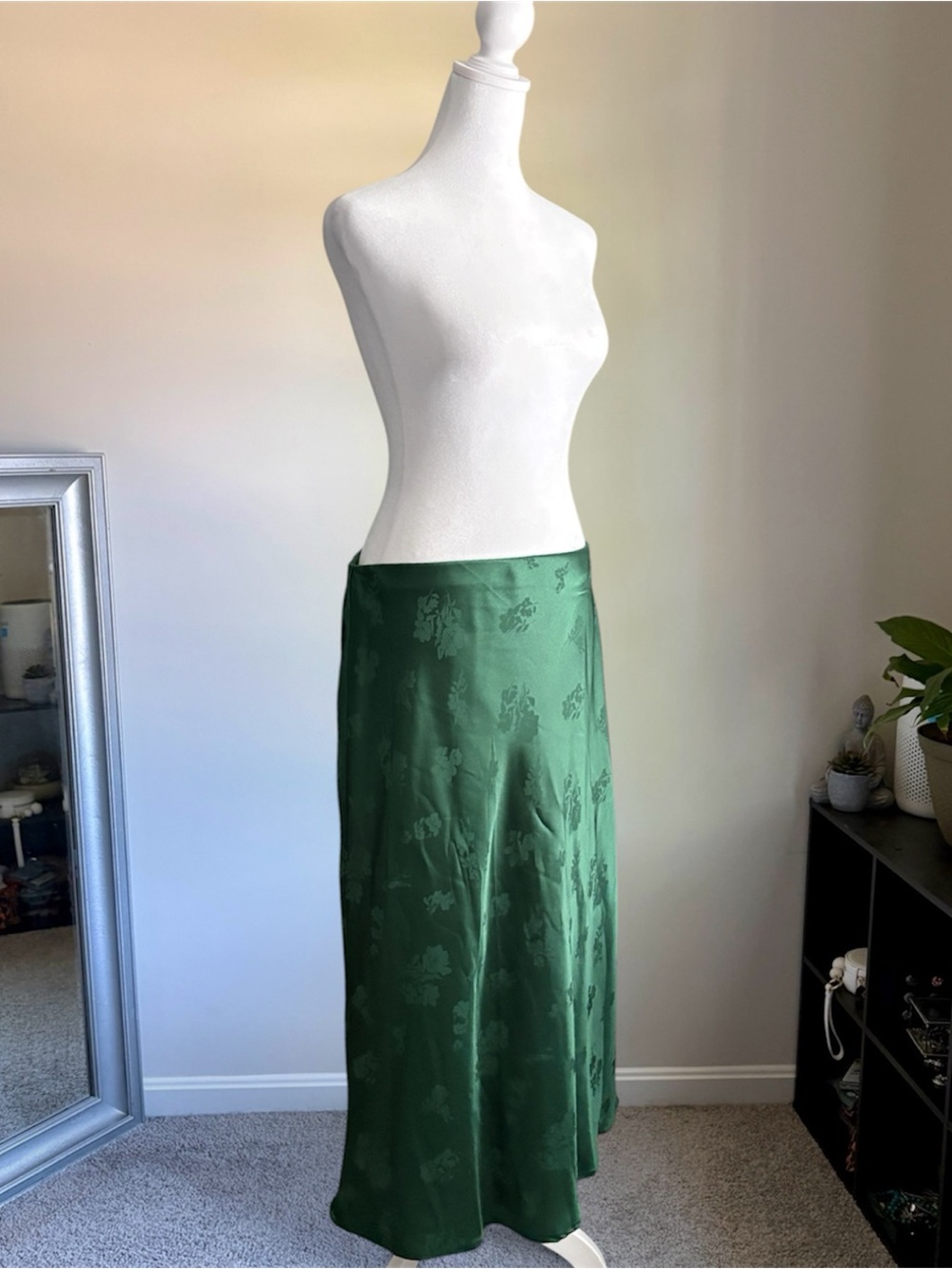 Altar'd State Emerald Green Floral Satin Midi Skirt